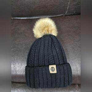 C.C Black Knit Beanie with Faux Fur Pom